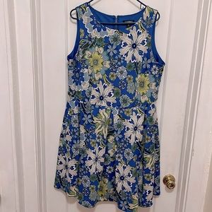 Blue and Green Floral Print Dress with Pockets, Size 16W